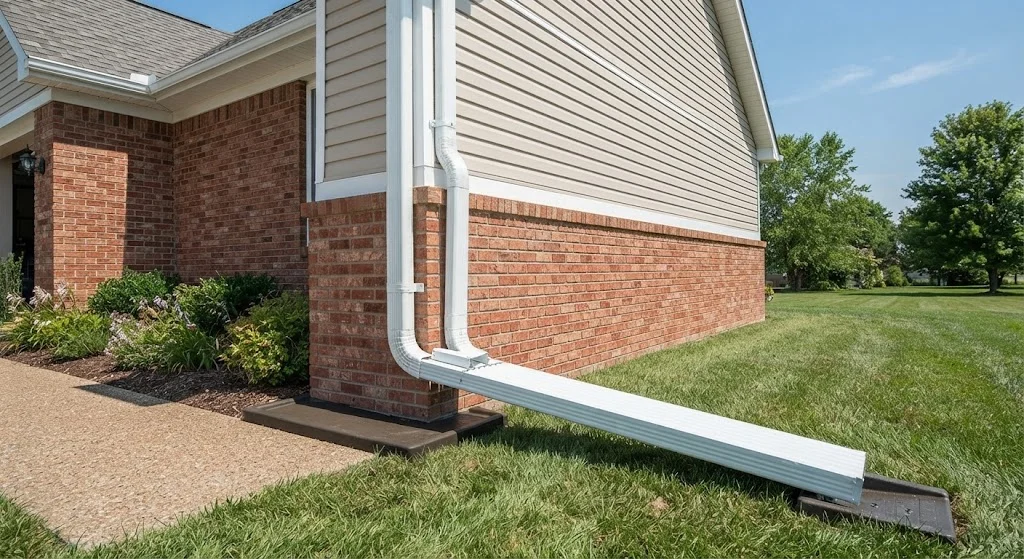 Oversized 3x4 corrugated aluminum downspout installation and extensions in Topeka KS